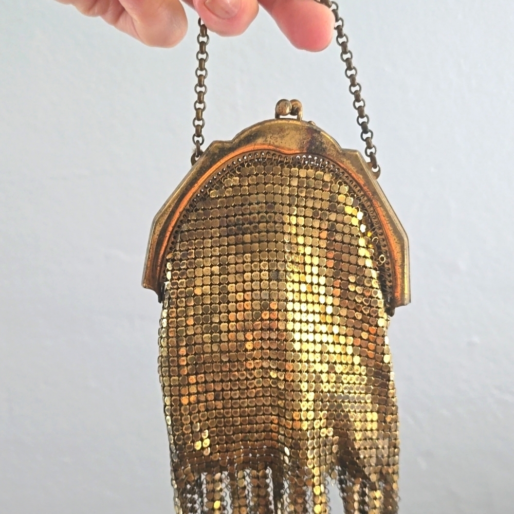 Antique Edwardian Whiting & Davis Gold Mesh Fringed Kiss Lock Vintage Bag Purse